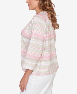 Plus Size Printed Slub Blouson with Lace Up Neck