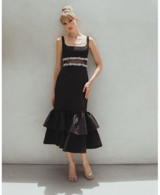 Women's Crepe Midi Dress with Jewel Detail & Ruffle Hem