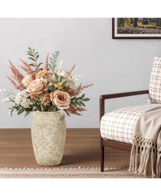 Vintage Pottery Off-White with Brown 15.75-Inch Tall Round Ceramic Vase