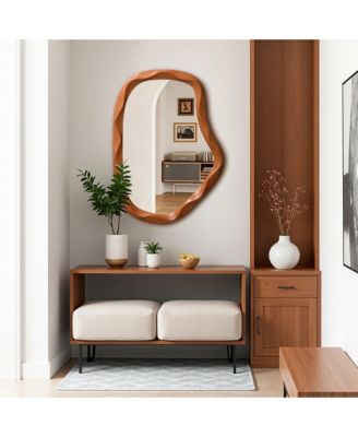 Natural Wood Finish Asymmetrical MDF Frame Wall Mirror, 31.5" H  x  22.6" W