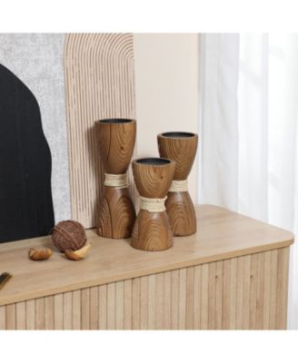 3-Piece Pine Wood with Rattan Pillar Candle Holder Set