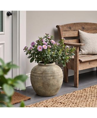 Weathered Terracotta Finish with Textured Ridges Round Vase Farmhouse Decor