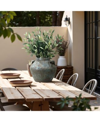 Antiqued Blue & Brown Terracotta Vase with Handles, 9" Round Farmhouse Vintage Pottery