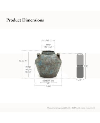 Antiqued Blue & Brown Terracotta Vase with Handles, 11" Round Farmhouse Vintage Pottery