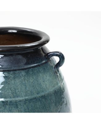 Ocean Blue Ceramic Vase with Handles, 17.5" Tall Rounded Pot for Rustic or Coastal Decor