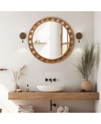 Natural Wood Frame Round Wall Mirror, 28” Rustic Wooden Decor