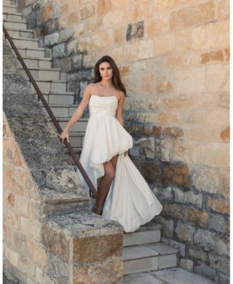 Petite Strapless High-Low Satin Gown with Draped Skirt