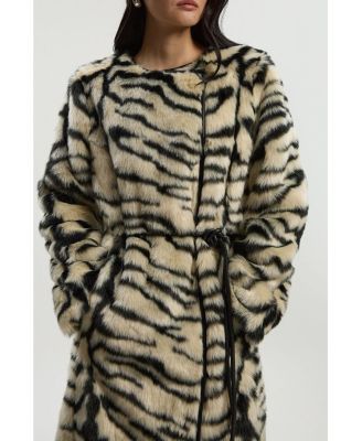 Women's Faux Fur Collarless Tie Belted Midi Coat