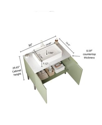 30'' Bathroom Vanity with Carrara Countertop, French Striped Ceramic Basin, Soft Close Doors & Large Storage for Modern Bathroom