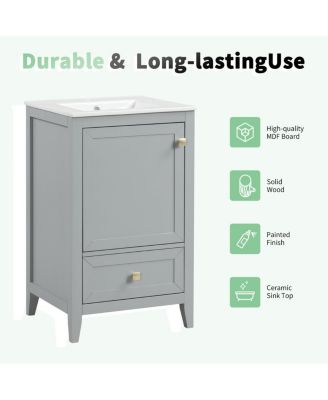 20" Bathroom Vanity with Ceramic Sink, Modern Freestanding MDF Cabinet, Storage Rack Drawer Soft Close for Small Spaces