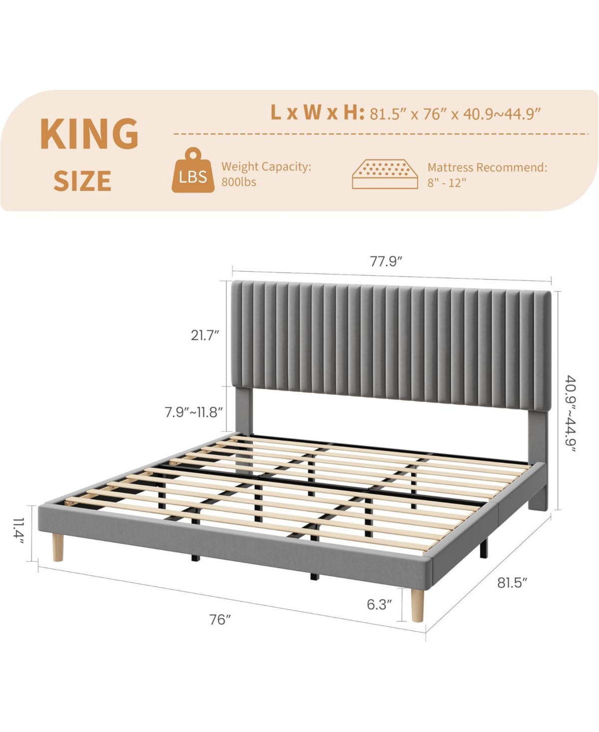 gaomon Bed Frame with Adjustable Headboard, Velvet Upholstered Platform Frame, Vertical Channel Tufted