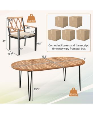 9 PCS Patio Dining Set Table w/ Acacia Wood Top and Umbrella Hole Metal Frame