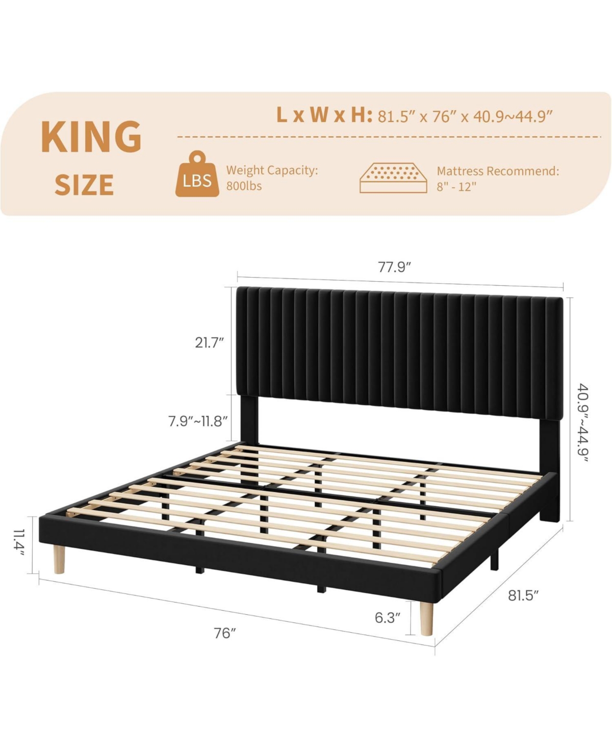 gaomon Bed Frame with Adjustable Headboard, Velvet Upholstered Platform Frame, Vertical Channel Tufted