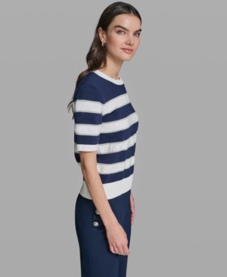 Women's Short-Sleeve Crewneck Sequin Stripe Sweater