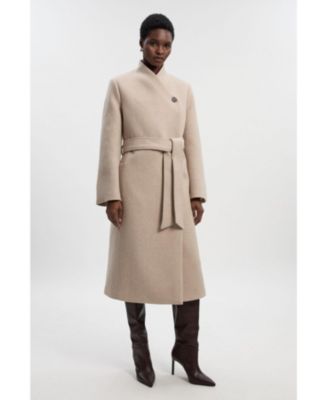 Women's Wool Wrap Neck Tailored Belted Midi Coat