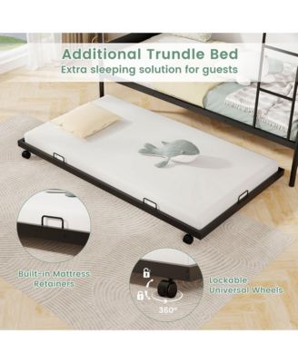 Twin Over Twin Bunk Bed w/ Trundle Industrial Metal Bunkbed Frame