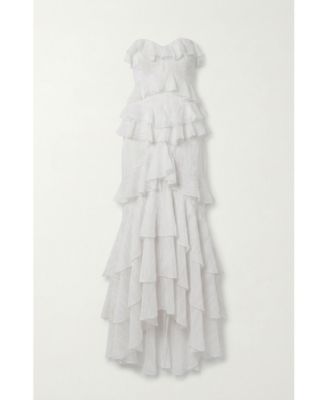 Women's Strapless Raw Edge Tiered Ruffle Maxi Dress