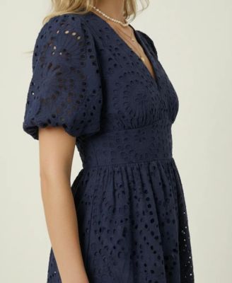Women's Puff-Sleeve Eyelet Smocked-Waist Midi Dress