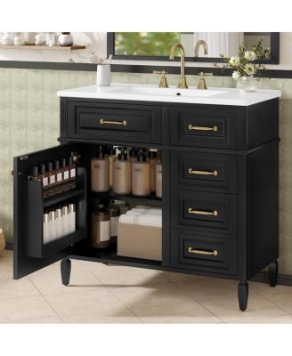 Freestanding Bathroom Vanity with Ceramic Sink, Flip Drawers & Adjustable Shelf, Modern Storage Cabinet