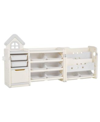 Kids Toy Storage Organizer with Bookshelf, 4-Tier Cubby Cabinet with 10 Movable Plastic Bins, Toy & Book Storage