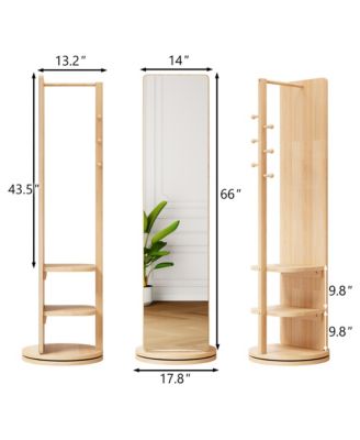 360° Rotating Full Length Mirror, Solid Wood Freestanding Coat Rack with Storage Hanger, Open Shelves for Living Room and Cloakroom