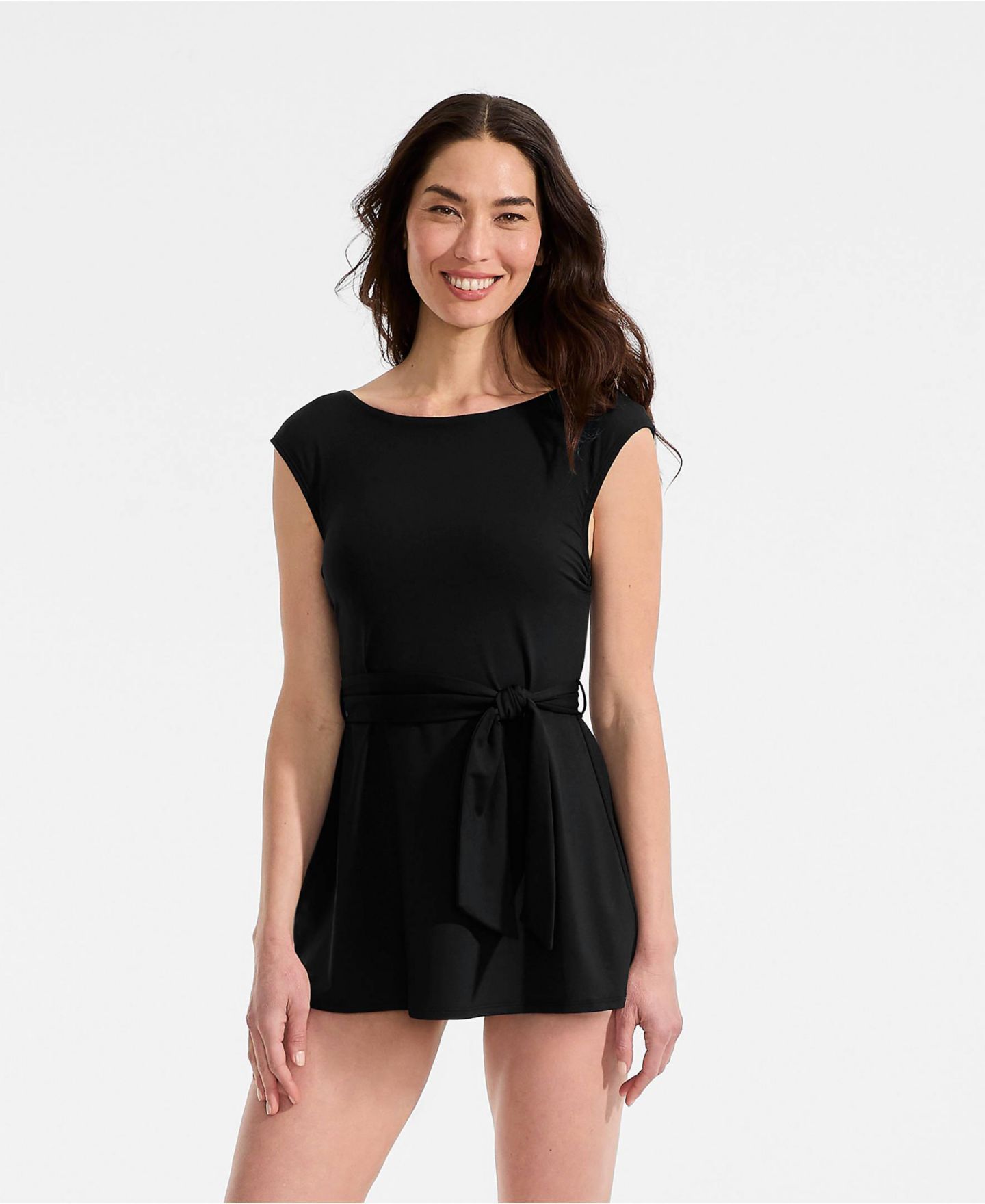 Женское платье Lands' End Cap Sleeve Tie Belt Mini Swim Dress, цвет: Чёрный — фото 1