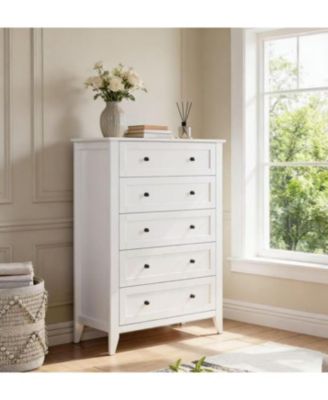 Modern 5 Drawer Wood Dresser, Tall Chest with Gold Handles & Deep Drawers