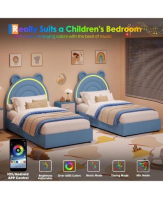 Bed Frame with 4 Storage Drawers & LED Lights, Velvet Upholstered Platform Bed with Rainbow Headboard for Kids/Boys