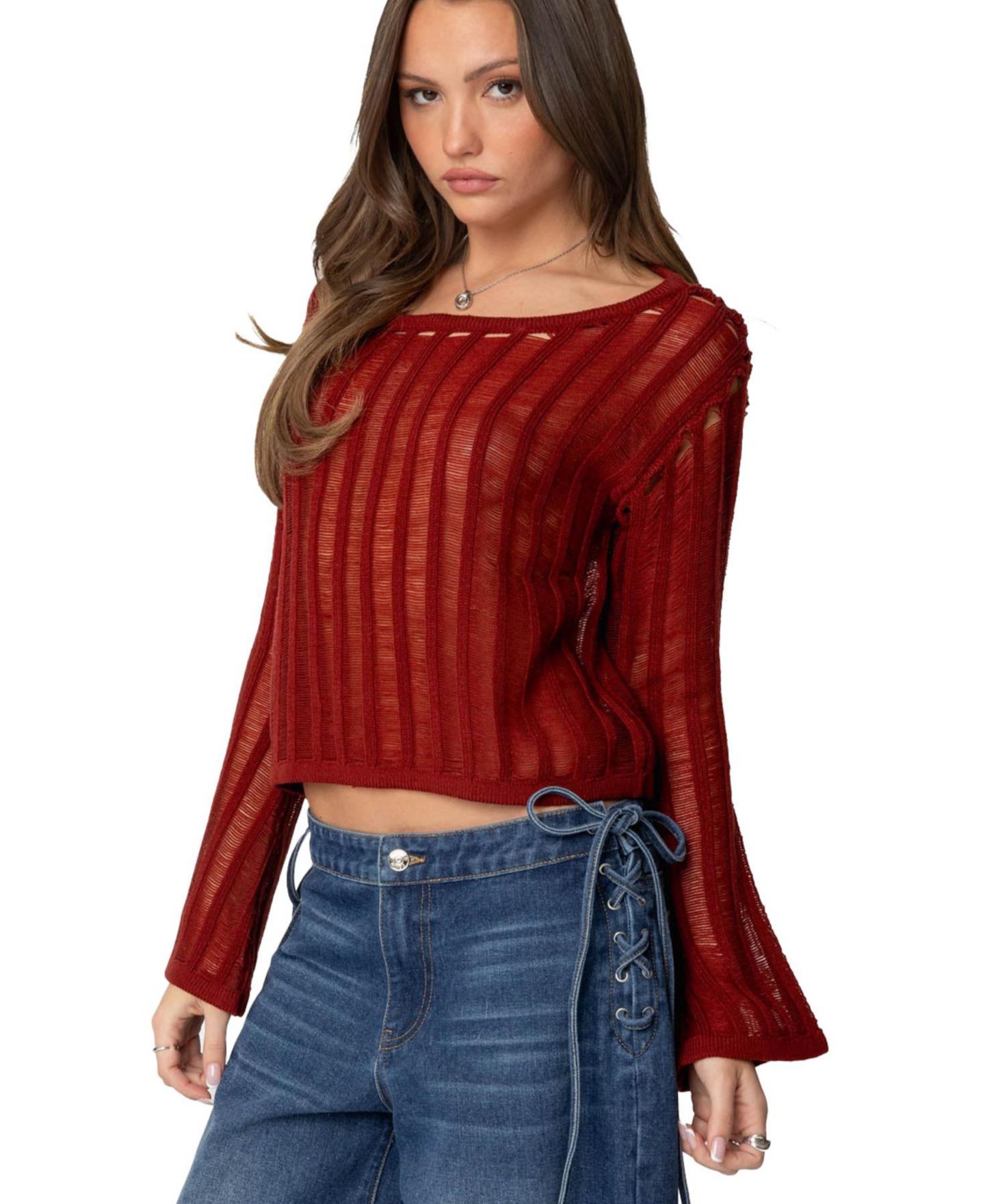 Женский топ Edikted Sagir Sheer Ladder Knit, цвет: Бордовый — фото 1