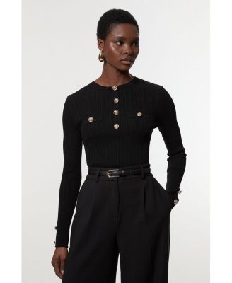 Women's Military Trim Rib Long Sleeve Knit Top