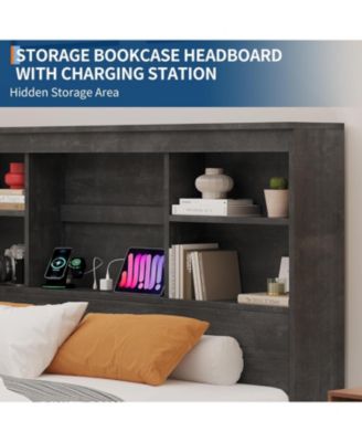 Bed Frame with Storage Headboard, Wooden Bed Frame with Charging Station, Storage Bookcase & Platform Bed with 4 Drawers