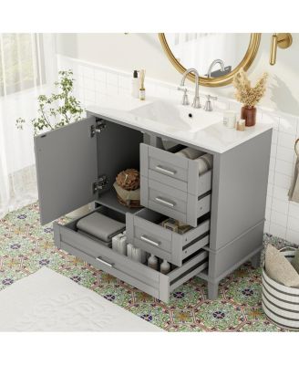 36" Bathroom Vanity with Ceramic Sink, Solid Pine Frame, Soft Close Drawers & Door for Small Spaces