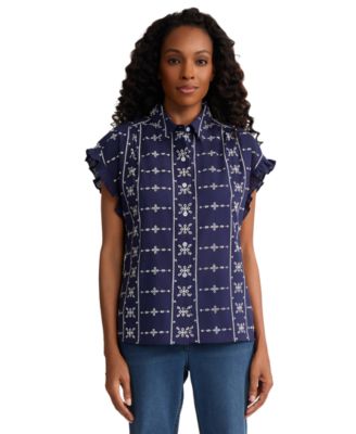 Petite Collared Button-Front Flutter Short-Sleeve Top