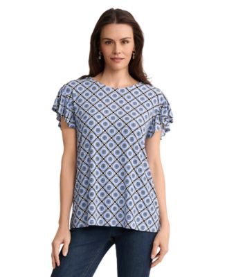Petite Round Neck Flutter Short-Sleeve Top