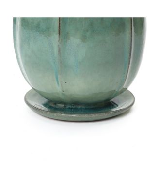 Glossy Gradient Teal Ceramic Planter, 10-Inch Tall Ridged Container with Connected Tray
