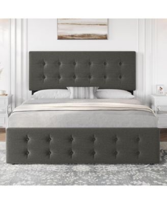 Bed Frame with Adjustable Headboard, Upholstered Platform Bed Frame with 4 Storage Drawers, Button Tufted Design, Wooden Slats Support.