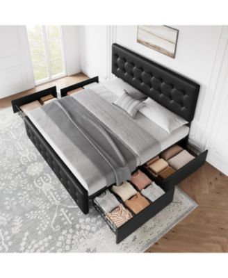  Bed Frame with 4 Storage Drawers and Headboard, Velvet Upholstered Platform Bed Frame with Wooden Slats Support