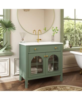 36" Bathroom Vanity with Sink, Medieval Glass Doors, Motion Lighting, Flip Drawer & Adjustable Storage for Modern Bathrooms