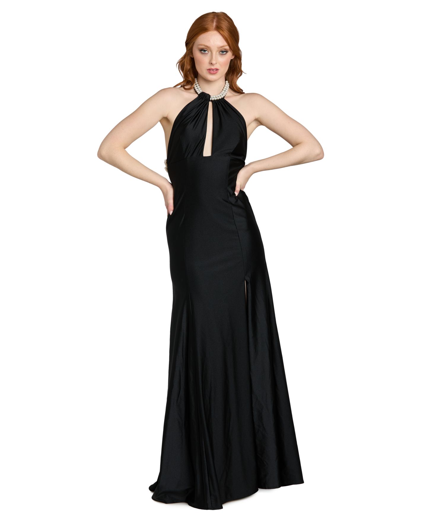 Женское платье Morgan & Company Juniors' Imitation-Pearl Halter Neck Long Gown, цвет: Чёрный — фото 1