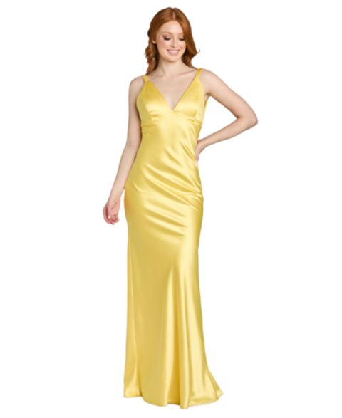 Женское платье Morgan & Company Juniors' Stretch V-Neck Bar Back Long Gown, цвет: Жёлтый