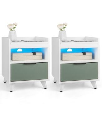 2PCS Nightstand Modern Beside End Table w/ LED Lights Open Compartment & Drawer