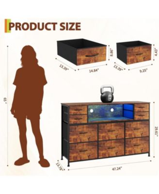 10 Fabric Drawers Dresser with LED Lights, Entertainment Center with Charging Station, Wood Top, Open Shelves, TV Stand for 40"-55" TV