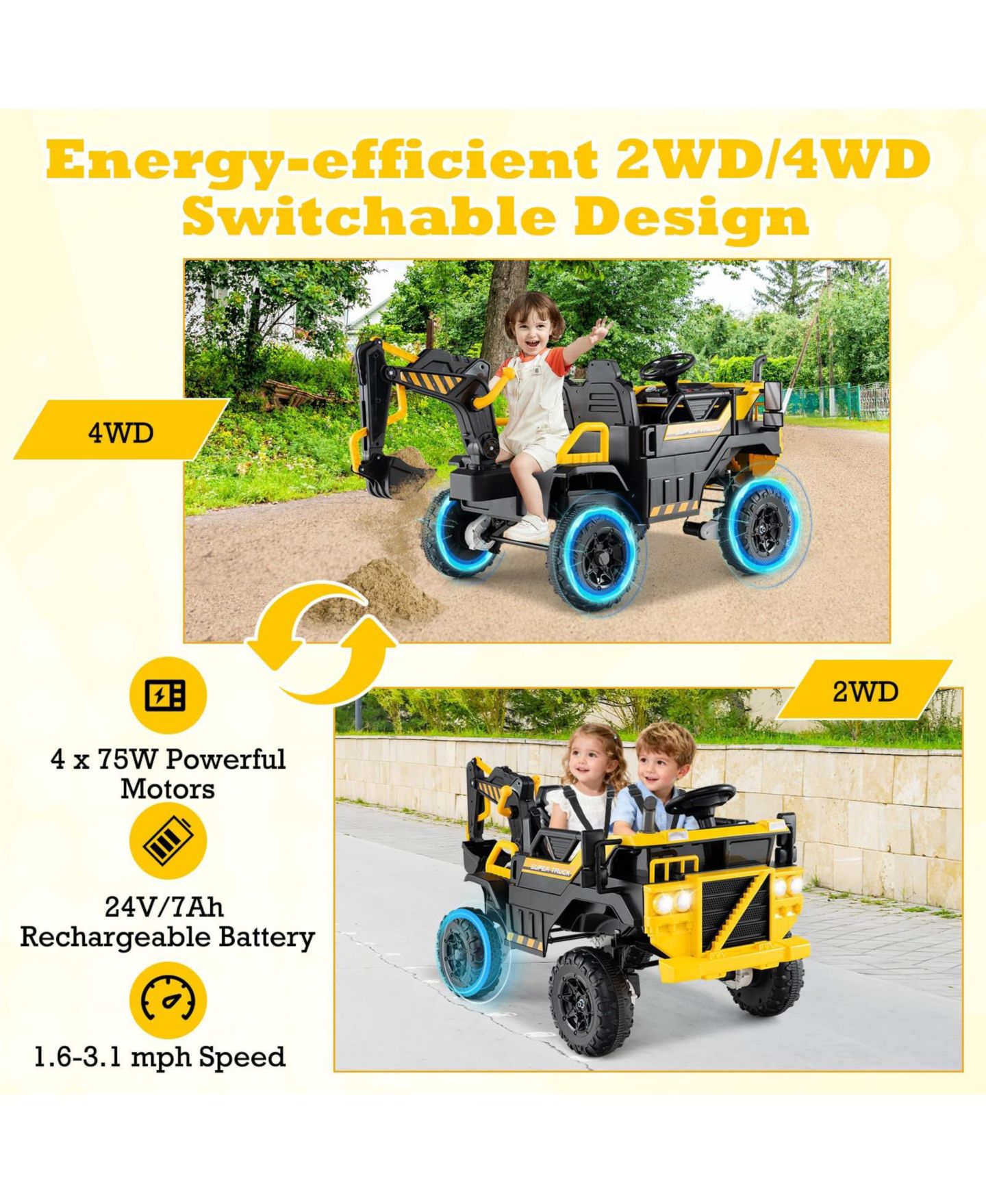 Детская игрушка Mecale 24V Ride On Excavator 4WD 2-Seater with Remote Control and Digging Arm, Ages 3+, цвет: Жёлтый — фото 5
