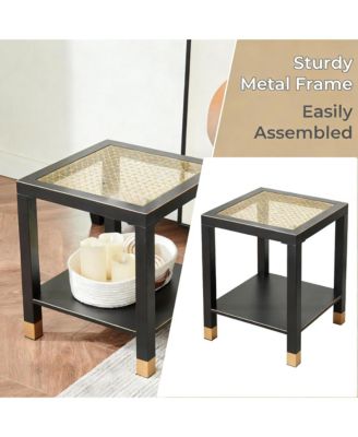Square Side Table - Modern 2-Tier Tempered Glass End Table, Mesh Accent Bedside Table with Metal Frame for Bedroom, Living Room