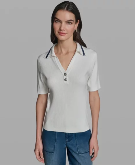 Petite Collared Polo T-Shirt - Soft White/Naval Academy