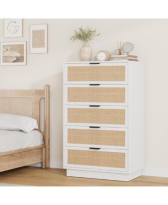 5 Drawer Rattan Dresser for Bedroom, Integrated Cabinet Body & Legs Design Entryways and Closet, Easy Assembly