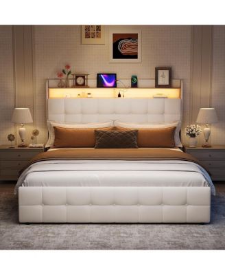 Full Size Bed Frame with 2 Storage Drawers, Upholstered Bed Frame Full with LED Light, Double-Layer Bedside Headboard with Charging Socket