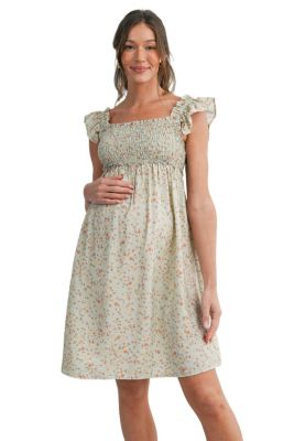 Maternity Smocked Floral Dress with Ruffle Cap Sleeves