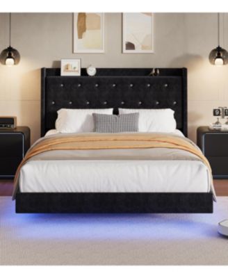 Bed Frame with LED Lights, Modern Wood Floating Bed Frame with Storage, Velvet Upholstered Headboard with Wingback