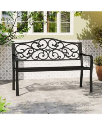 50 Inch Cast Iron Patio Bench with Floral Design Backrest